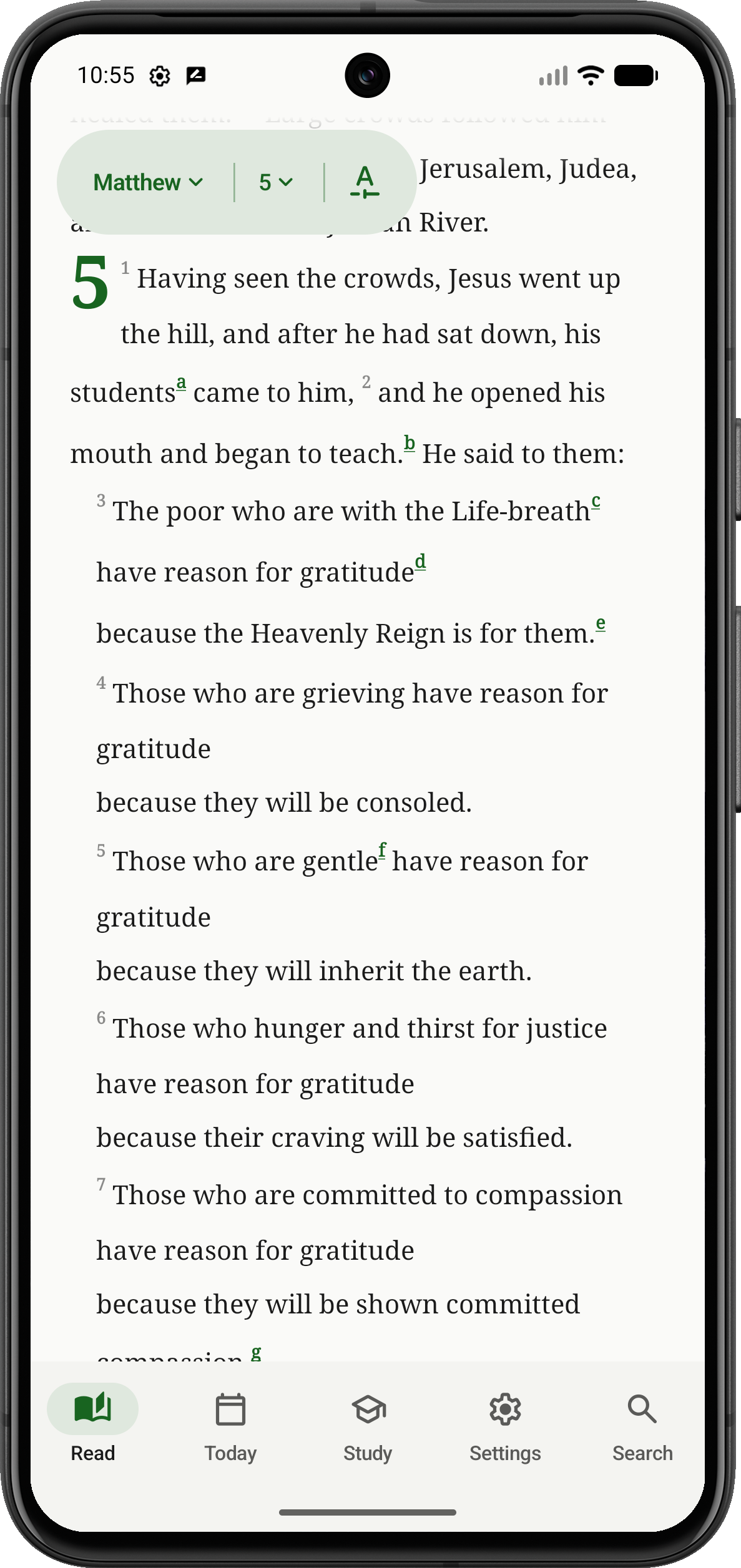 LIT Bible on Android — Matthew 5, the Beatitudes, in Ordinary Time green